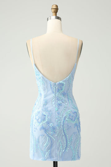 Light Blue Spaghetti Straps Tight Short Cocktail Dress with Sequins